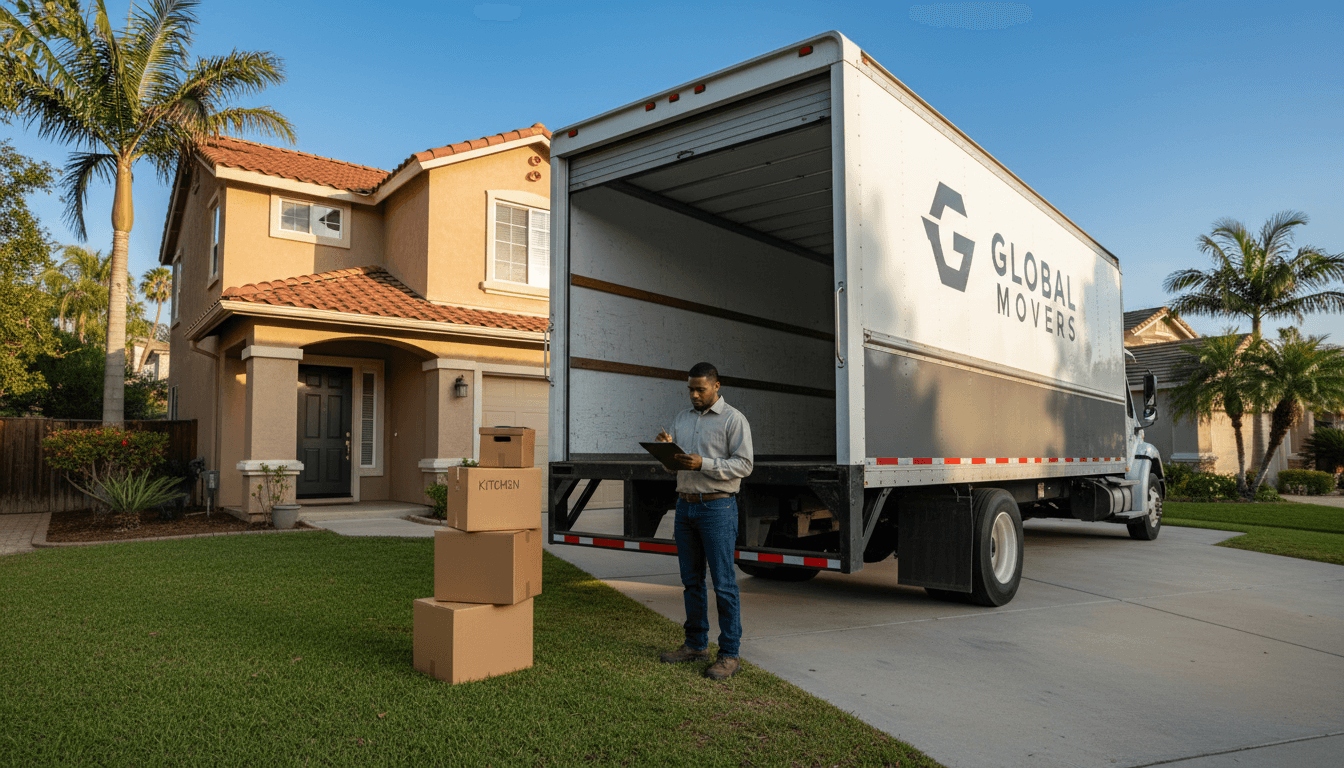Moving truck backed up to home with boxes ready for packing