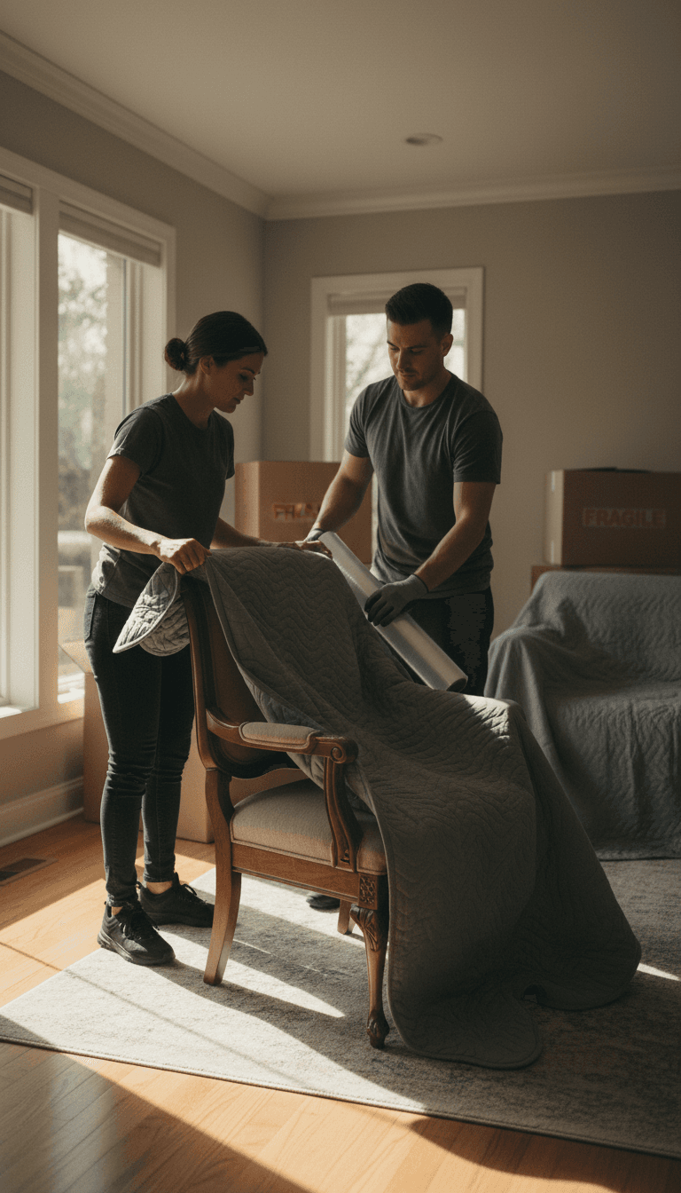 Professional movers carefully wrapping and protecting household items during a long-distance move