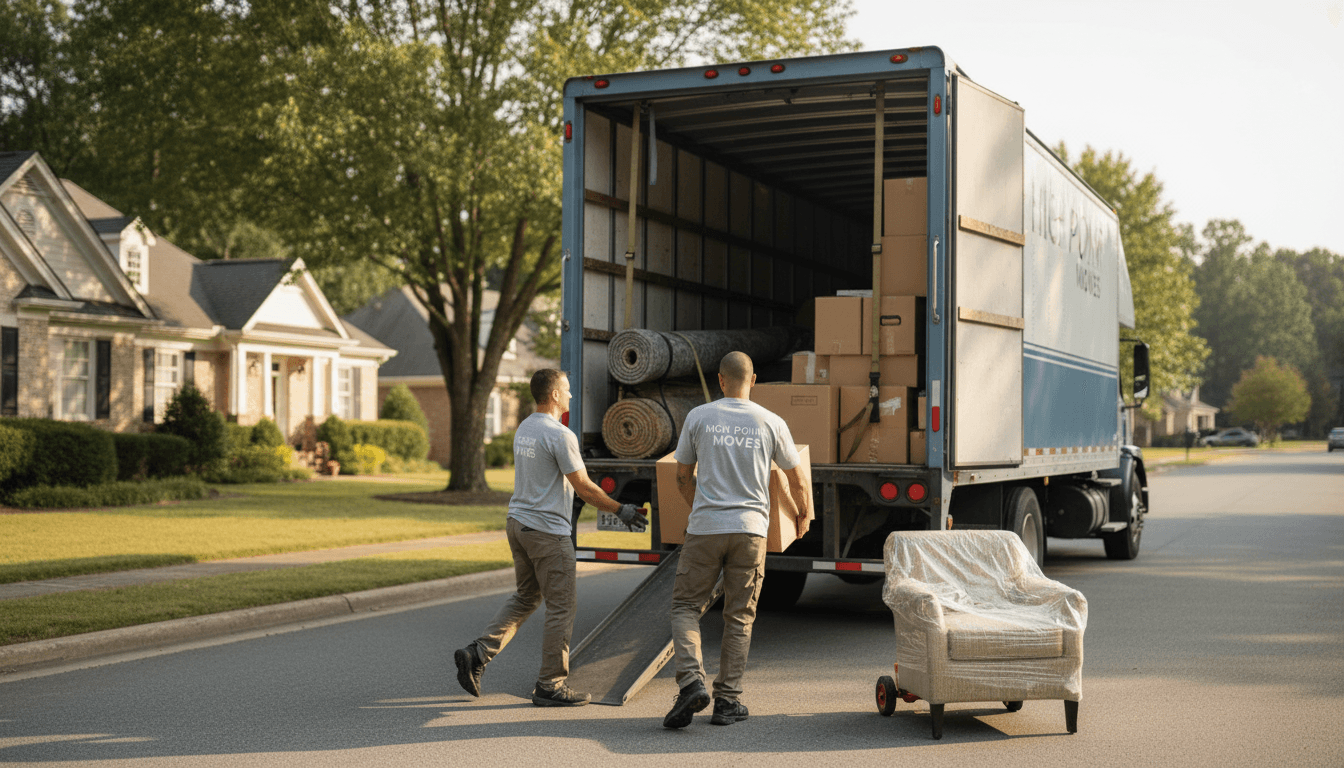 Professional movers loading a moving truck with boxes and furniture