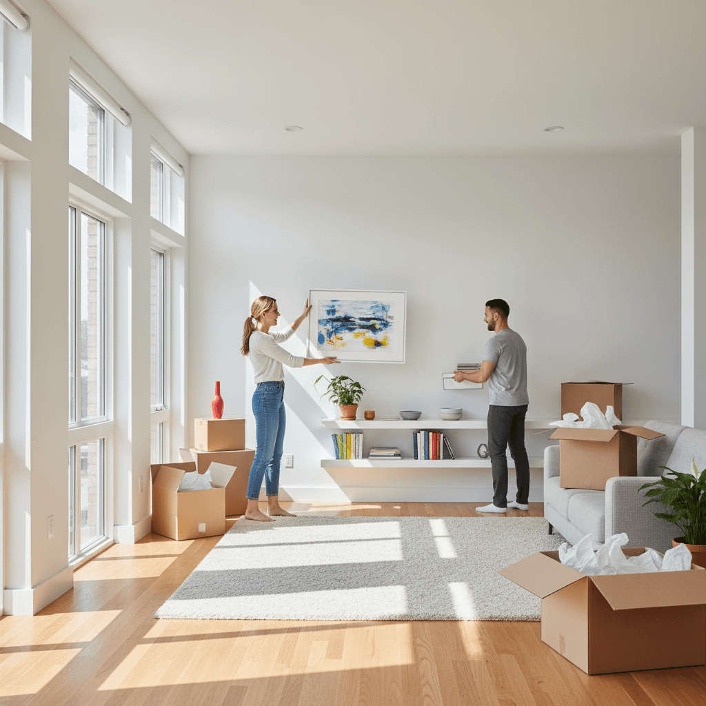 Moving professionals unpacking items in a new home