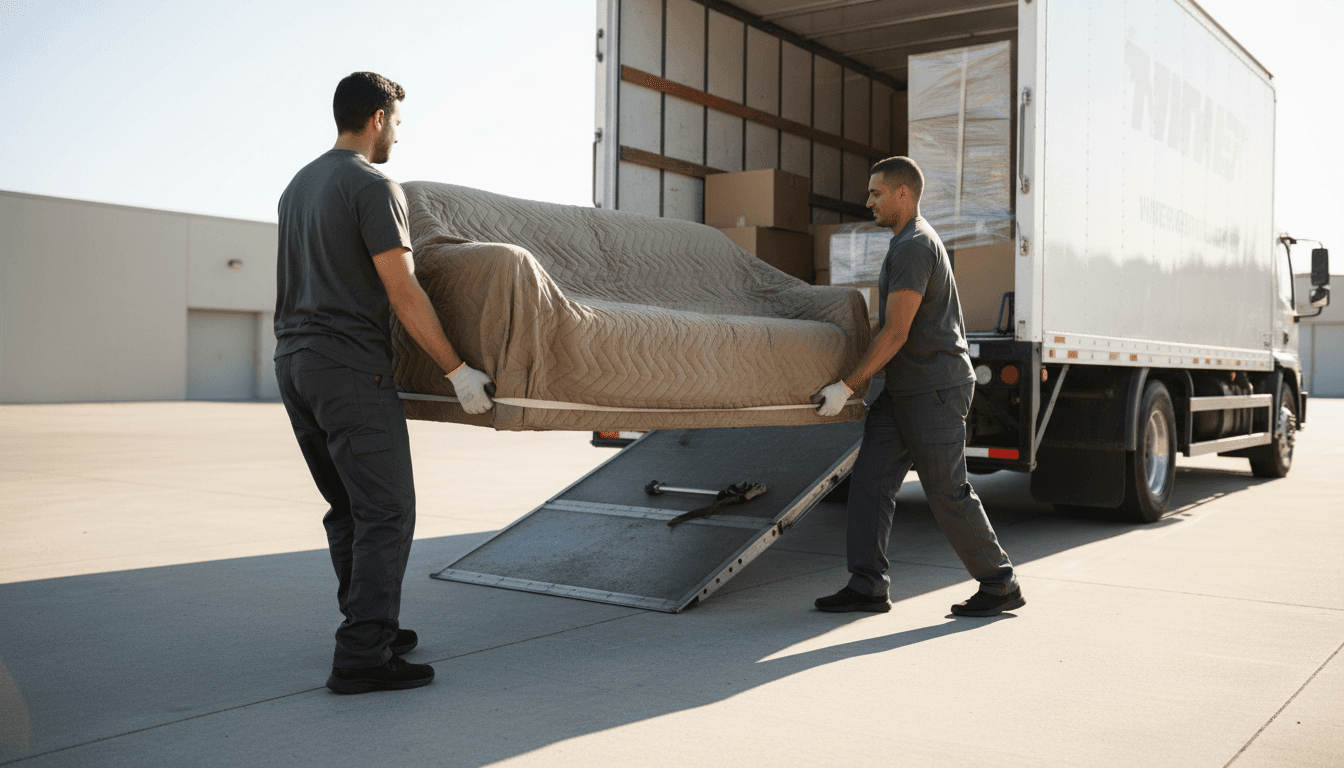 Professional movers loading furniture into a moving truck with proper technique